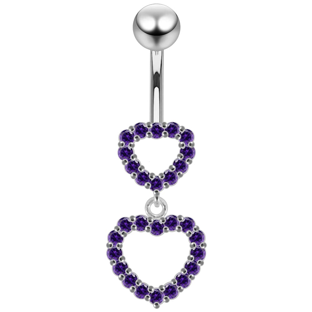 925 Sterling Silver Double Heart Dangling Belly Ring - Monster Piercing