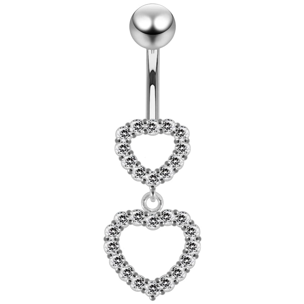 925 Sterling Silver Double Heart Dangling Belly Ring - Monster Piercing