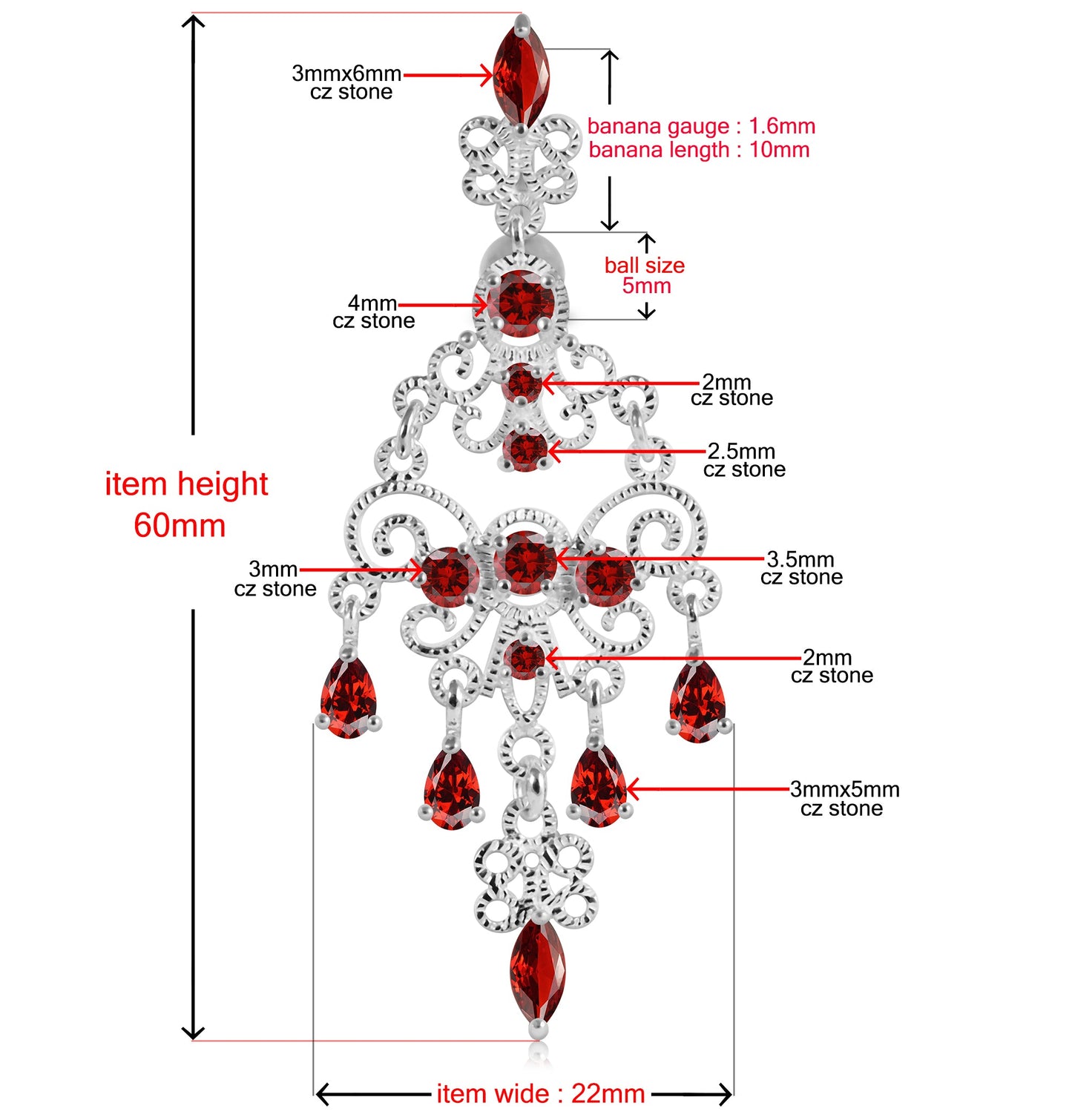 925 Sterling silver Chandelier Dangling Curved Belly Ring - Monster Piercing