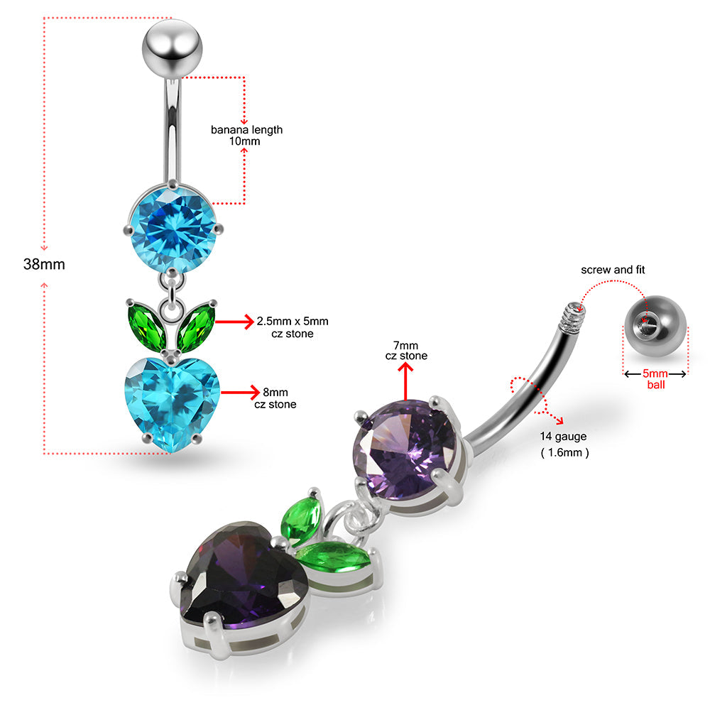 925 Sterling Silver Jewelled Fashion Cherry Heart Navel Belly Piercing Belly Piercings Clear Clear Lavender Aquamarine Dark Blue Pink Purple