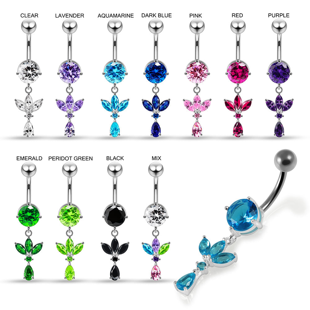 925 Sterling Silver Round CZ Jewelled with Dangling Leaf and Teardrop Belly Piercing Belly Piercings Clear Clear Lavender Aquamarine Dark Blue Pink Purple Emerald Black