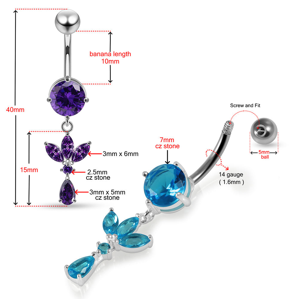 925 Sterling Silver Round CZ Jewelled with Dangling Leaf and Teardrop Belly Piercing Belly Piercings Clear Clear Lavender Aquamarine Dark Blue Pink Purple Emerald Black