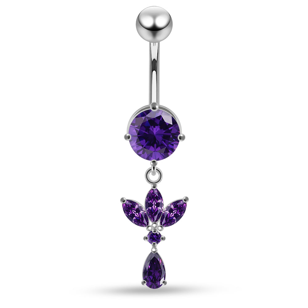 925 Sterling Silver Round CZ Jewelled with Dangling Leaf and Teardrop Belly Piercing Belly Piercings Clear Clear Lavender Aquamarine Dark Blue Pink Purple Emerald Black