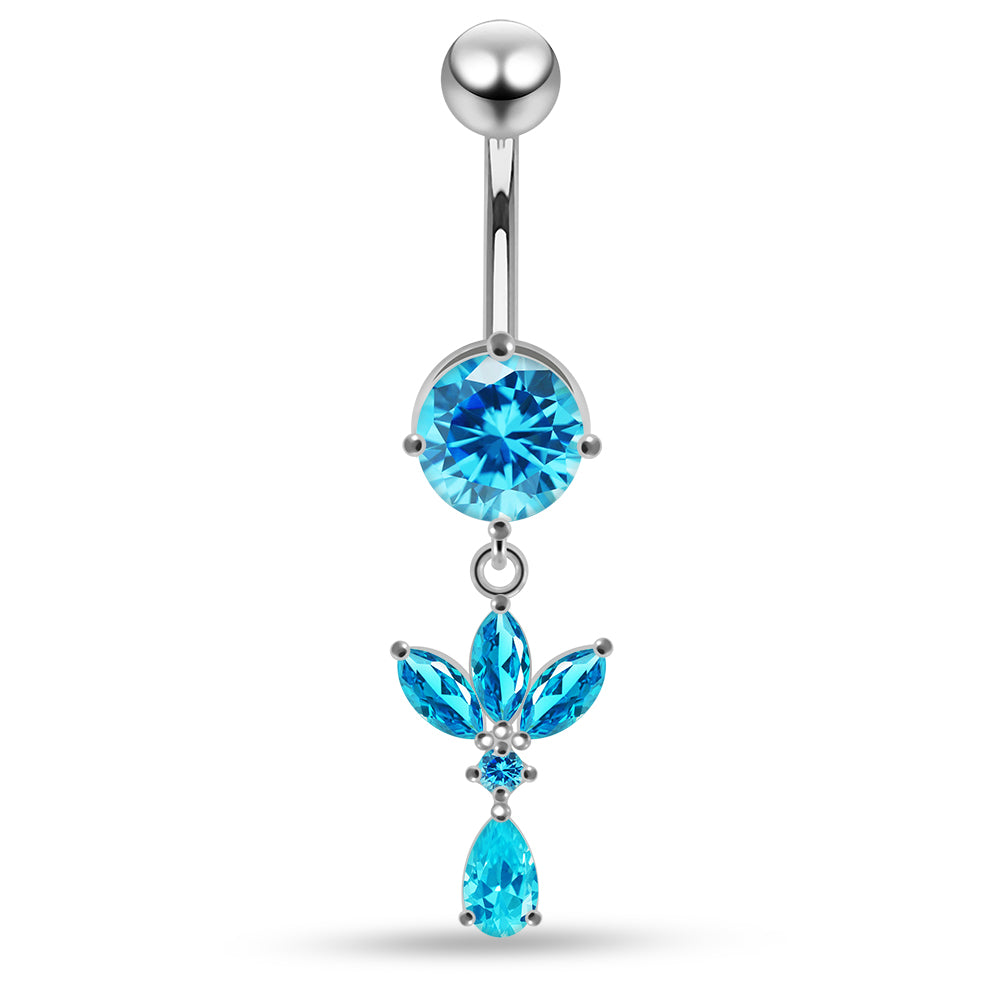 925 Sterling Silver Round CZ Jewelled with Dangling Leaf and Teardrop Belly Piercing Belly Piercings Clear Clear Lavender Aquamarine Dark Blue Pink Purple Emerald Black
