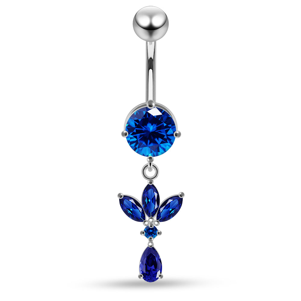 925 Sterling Silver Round CZ Jewelled with Dangling Leaf and Teardrop Belly Piercing Belly Piercings Clear Clear Lavender Aquamarine Dark Blue Pink Purple Emerald Black