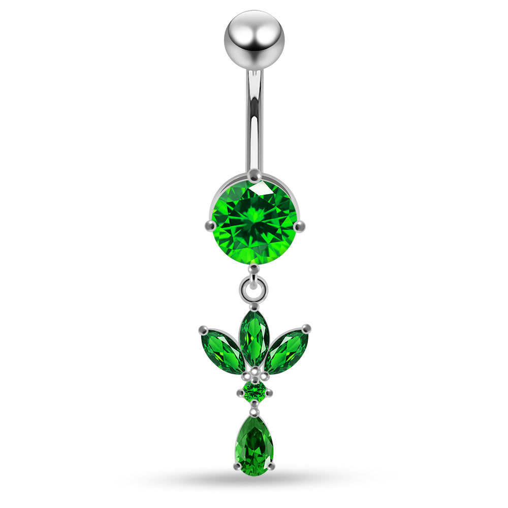925 Sterling Silver Round CZ Jewelled with Dangling Leaf and Teardrop Belly Piercing Belly Piercings Clear Clear Lavender Aquamarine Dark Blue Pink Purple Emerald Black