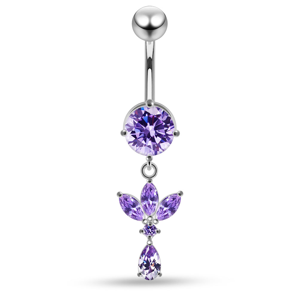 925 Sterling Silver Round CZ Jewelled with Dangling Leaf and Teardrop Belly Piercing Belly Piercings Clear Clear Lavender Aquamarine Dark Blue Pink Purple Emerald Black