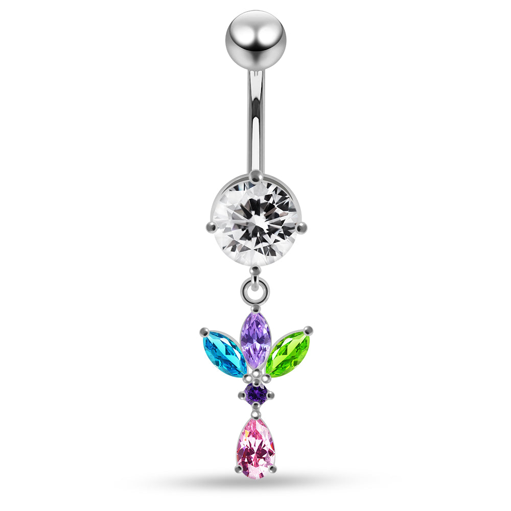 925 Sterling Silver Round CZ Jewelled with Dangling Leaf and Teardrop Belly Piercing Belly Piercings Clear Clear Lavender Aquamarine Dark Blue Pink Purple Emerald Black