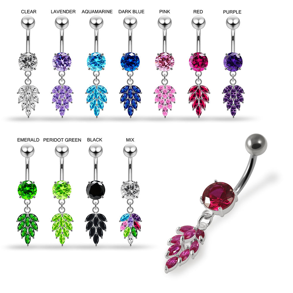 925 Sterling Silver Round CZ Jewelled with Dangling Foliage Belly Piercing Belly Piercings Clear Clear Lavender Aquamarine Dark Blue Pink Purple Emerald Peridot Black Mix