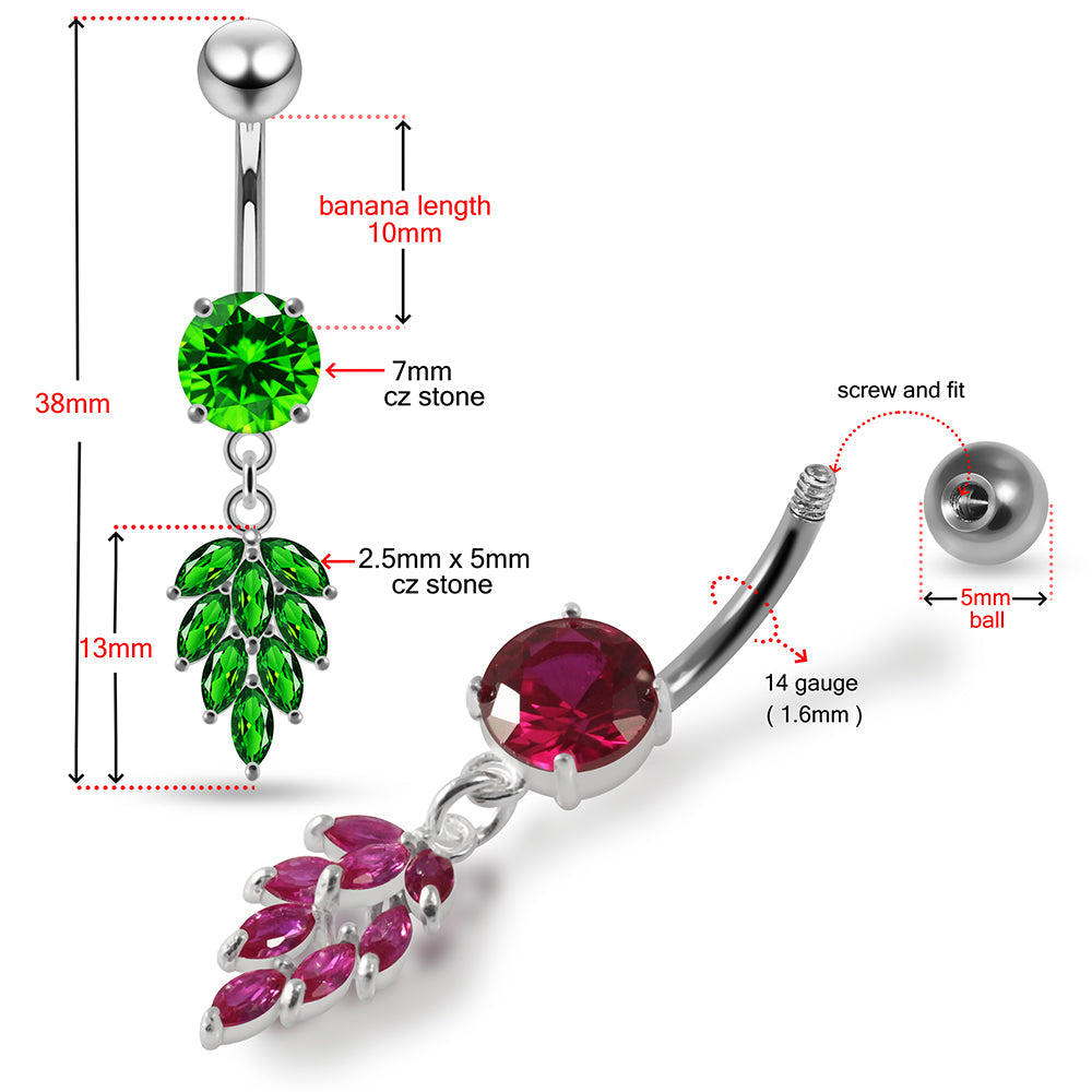 925 Sterling Silver Round CZ Jewelled with Dangling Foliage Belly Piercing Belly Piercings Clear Clear Lavender Aquamarine Dark Blue Pink Purple Emerald Peridot Black Mix