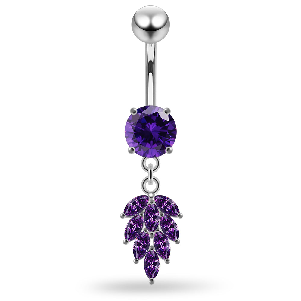 925 Sterling Silver Round CZ Jewelled with Dangling Foliage Belly Piercing Belly Piercings Clear Clear Lavender Aquamarine Dark Blue Pink Purple Emerald Peridot Black Mix