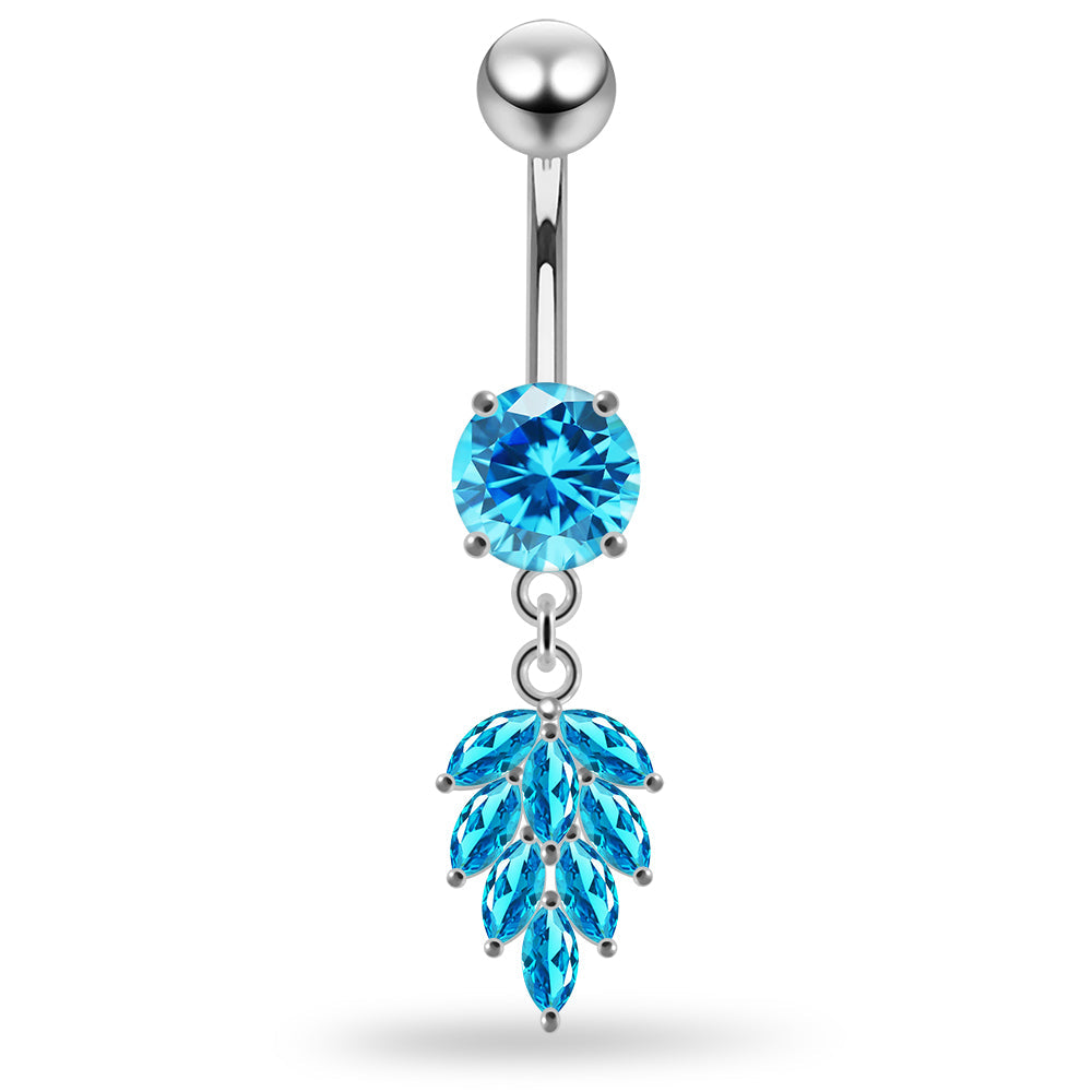 925 Sterling Silver Round CZ Jewelled with Dangling Foliage Belly Piercing Belly Piercings Clear Clear Lavender Aquamarine Dark Blue Pink Purple Emerald Peridot Black Mix