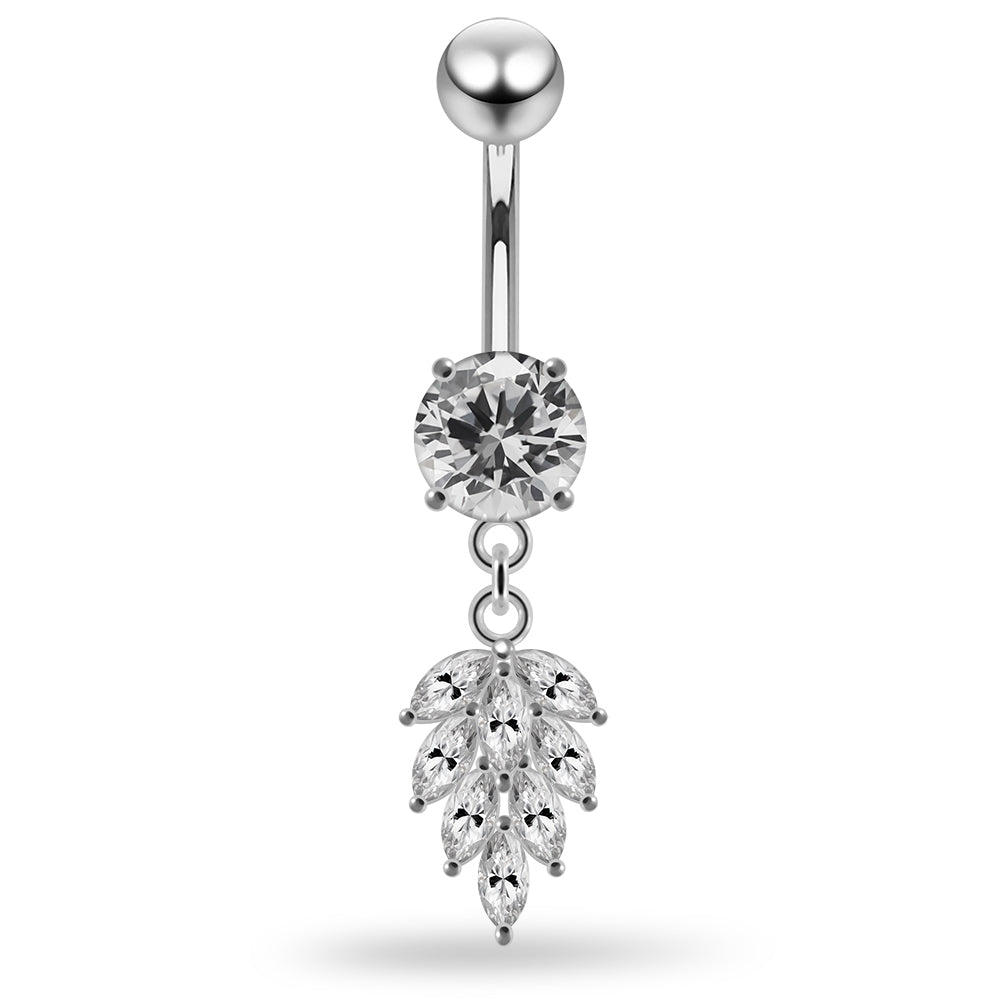 925 Sterling Silver Round CZ Jewelled with Dangling Foliage Belly Piercing Belly Piercings Clear Clear Lavender Aquamarine Dark Blue Pink Purple Emerald Peridot Black Mix