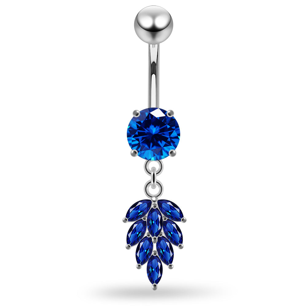 925 Sterling Silver Round CZ Jewelled with Dangling Foliage Belly Piercing Belly Piercings Clear Clear Lavender Aquamarine Dark Blue Pink Purple Emerald Peridot Black Mix