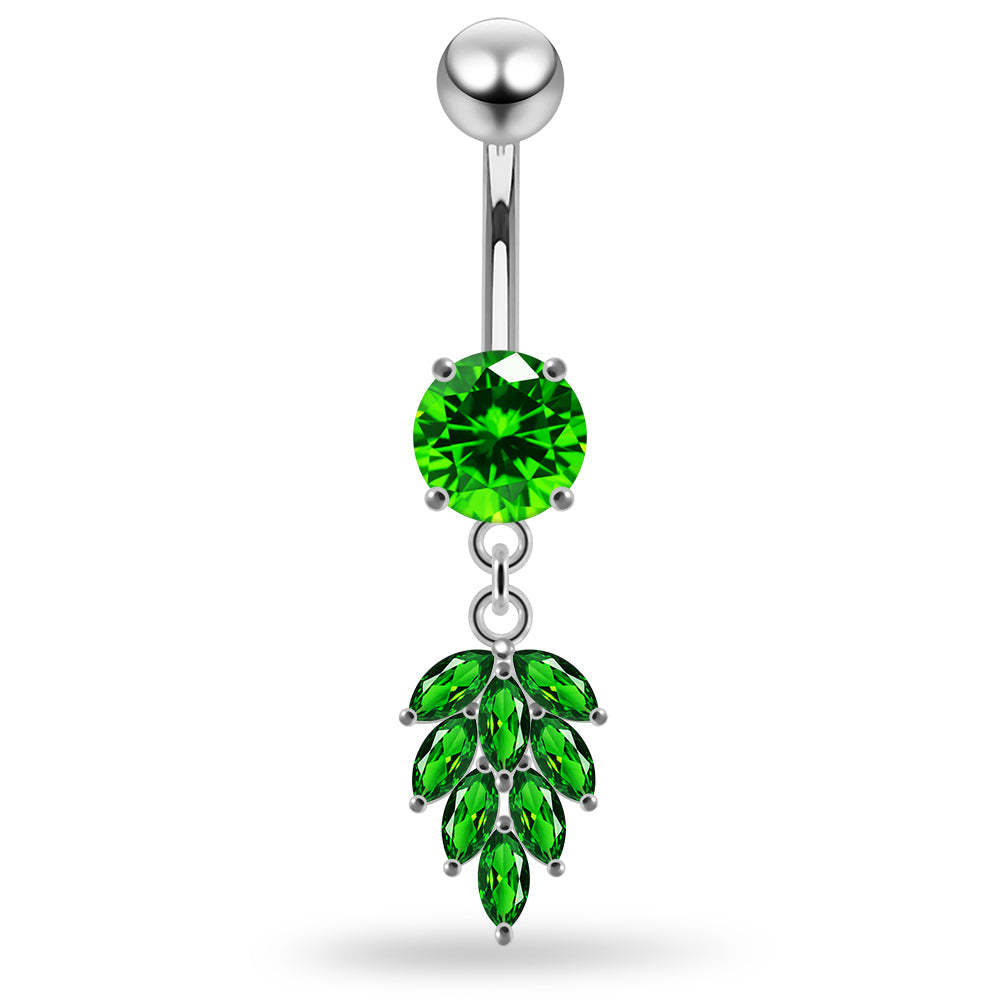 925 Sterling Silver Round CZ Jewelled with Dangling Foliage Belly Piercing Belly Piercings Clear Clear Lavender Aquamarine Dark Blue Pink Purple Emerald Peridot Black Mix