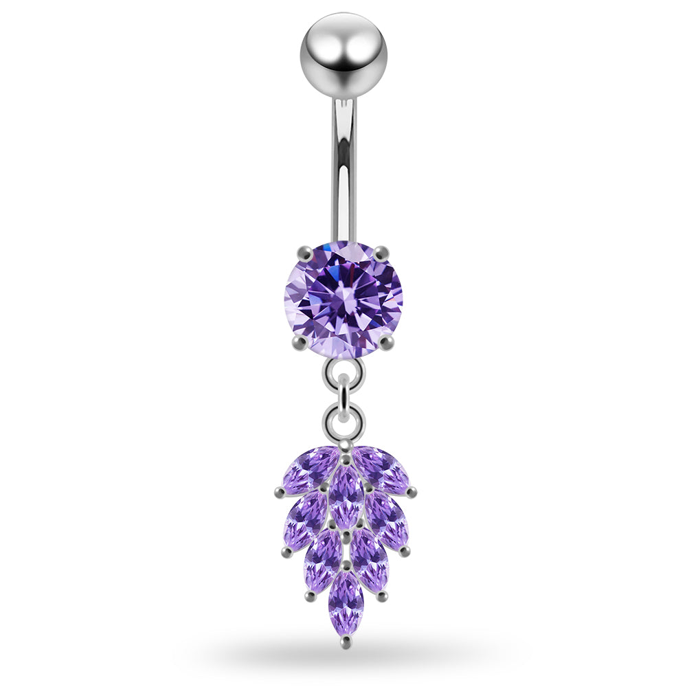 925 Sterling Silver Round CZ Jewelled with Dangling Foliage Belly Piercing Belly Piercings Clear Clear Lavender Aquamarine Dark Blue Pink Purple Emerald Peridot Black Mix