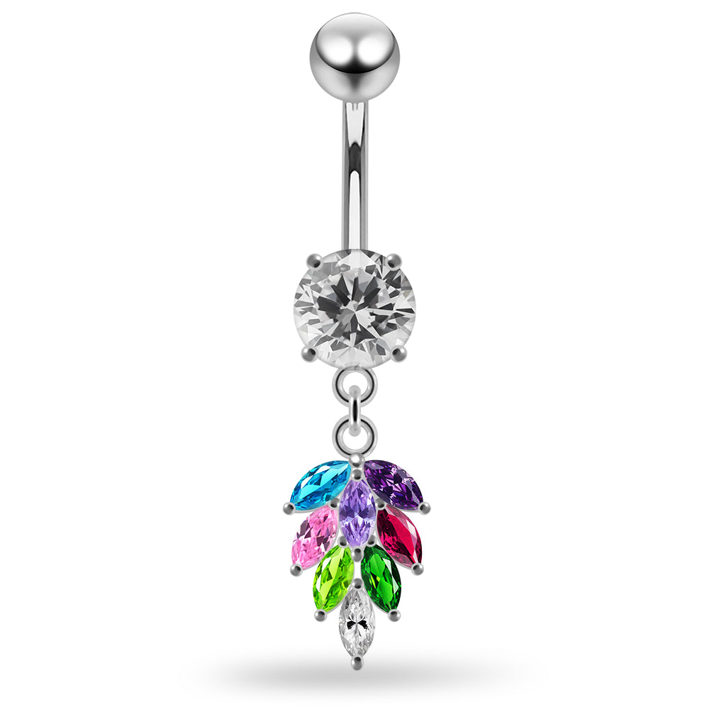 925 Sterling Silver Round CZ Jewelled with Dangling Foliage Belly Piercing Belly Piercings Clear Clear Lavender Aquamarine Dark Blue Pink Purple Emerald Peridot Black Mix