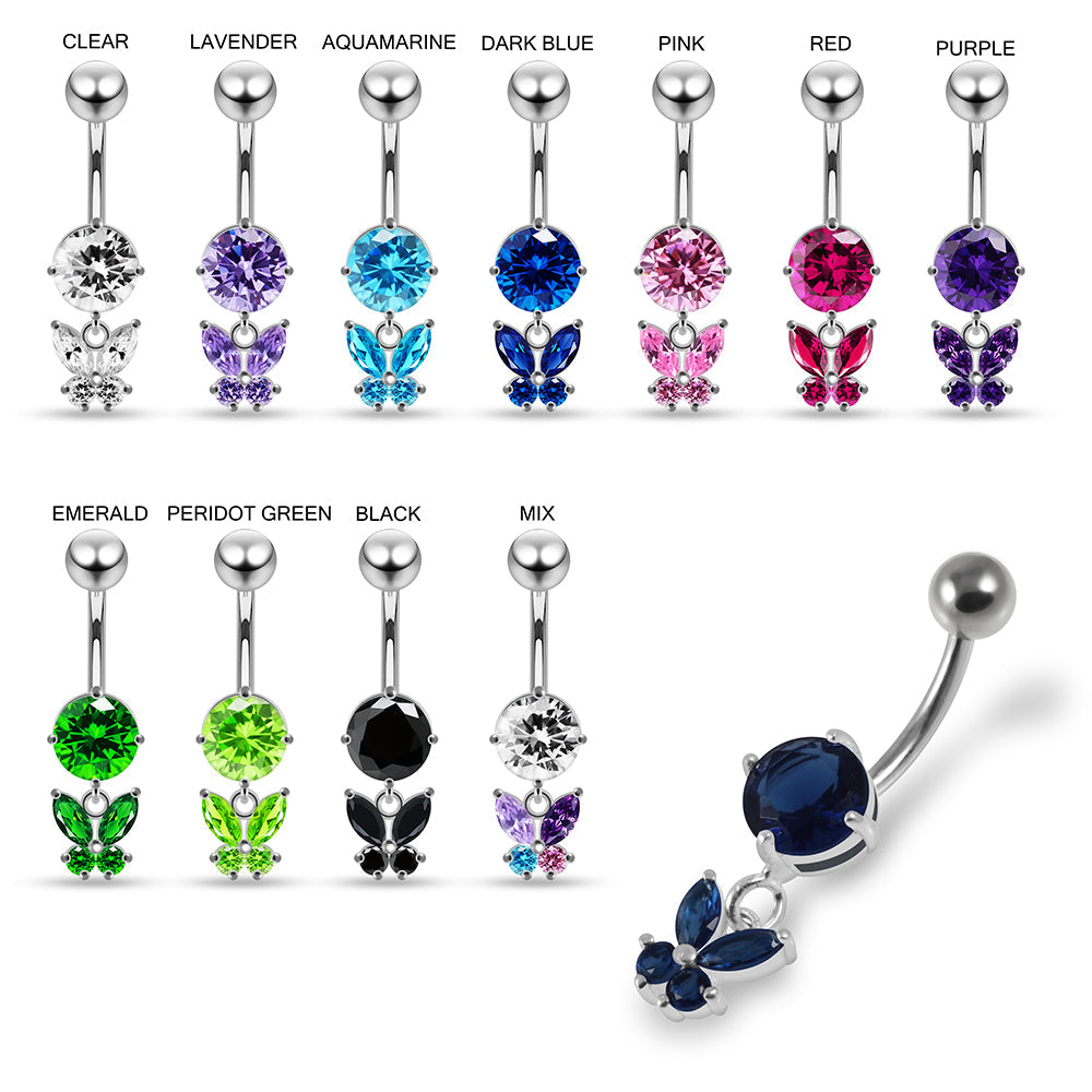 925 Sterling Silver Round CZ Jewelled with Dangling Butterfly Belly Piercing Belly Piercings Clear Clear Lavender Aquamarine Dark Blue Pink Red Purple Emerald Peridot Black Mix