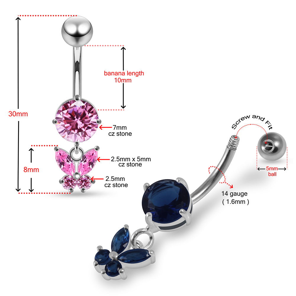 925 Sterling Silver Round CZ Jewelled with Dangling Butterfly Belly Piercing Belly Piercings Clear Clear Lavender Aquamarine Dark Blue Pink Red Purple Emerald Peridot Black Mix