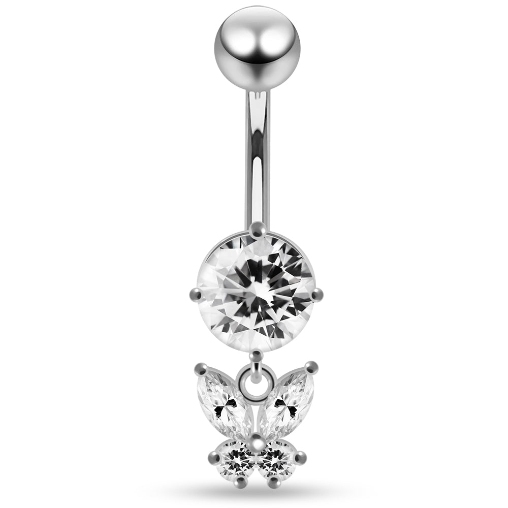 925 Sterling Silver Round CZ Jewelled with Dangling Butterfly Belly Piercing Belly Piercings Clear Clear Lavender Aquamarine Dark Blue Pink Red Purple Emerald Peridot Black Mix