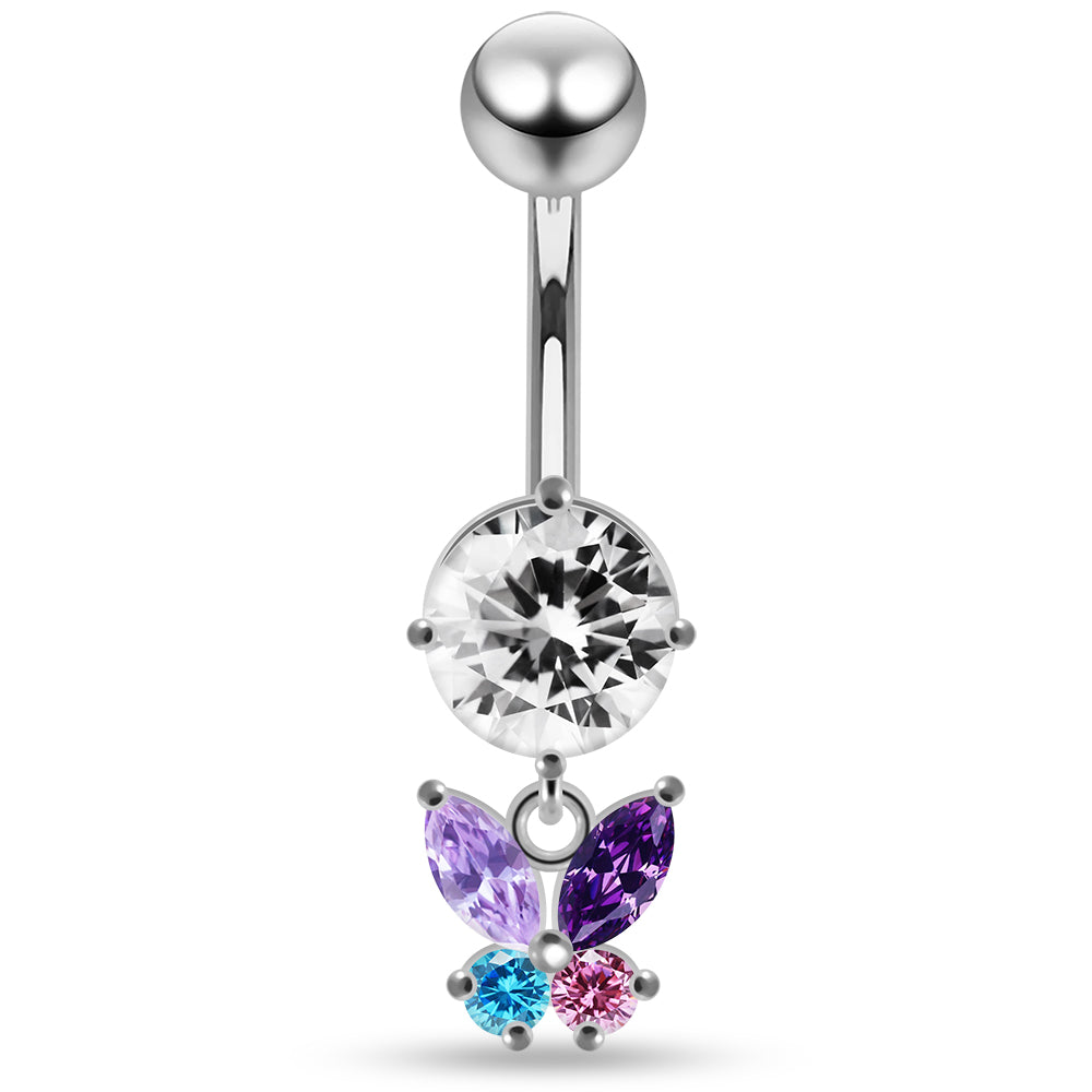 925 Sterling Silver Round CZ Jewelled with Dangling Butterfly Belly Piercing Belly Piercings Clear Clear Lavender Aquamarine Dark Blue Pink Red Purple Emerald Peridot Black Mix