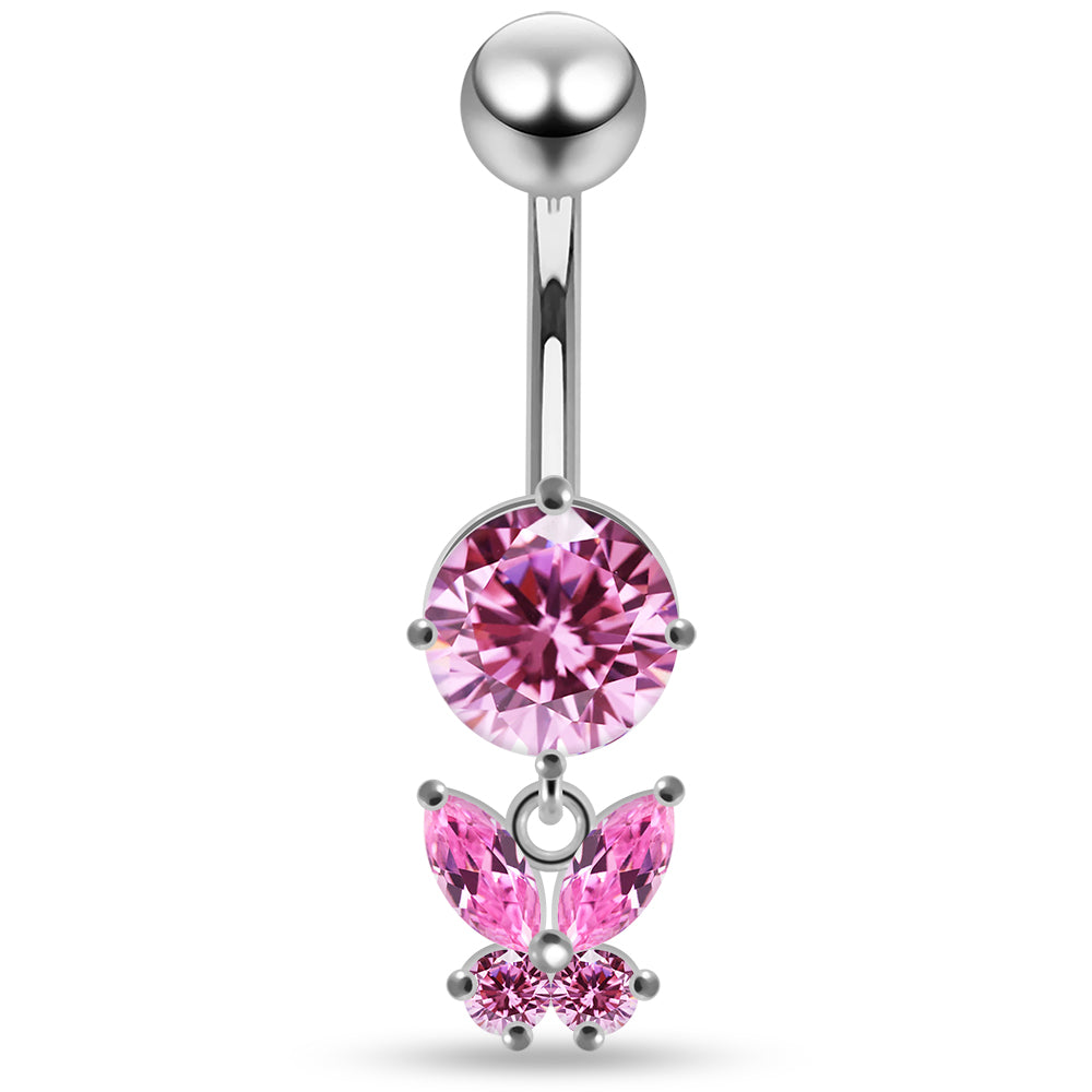 925 Sterling Silver Round CZ Jewelled with Dangling Butterfly Belly Piercing Belly Piercings Clear Clear Lavender Aquamarine Dark Blue Pink Red Purple Emerald Peridot Black Mix