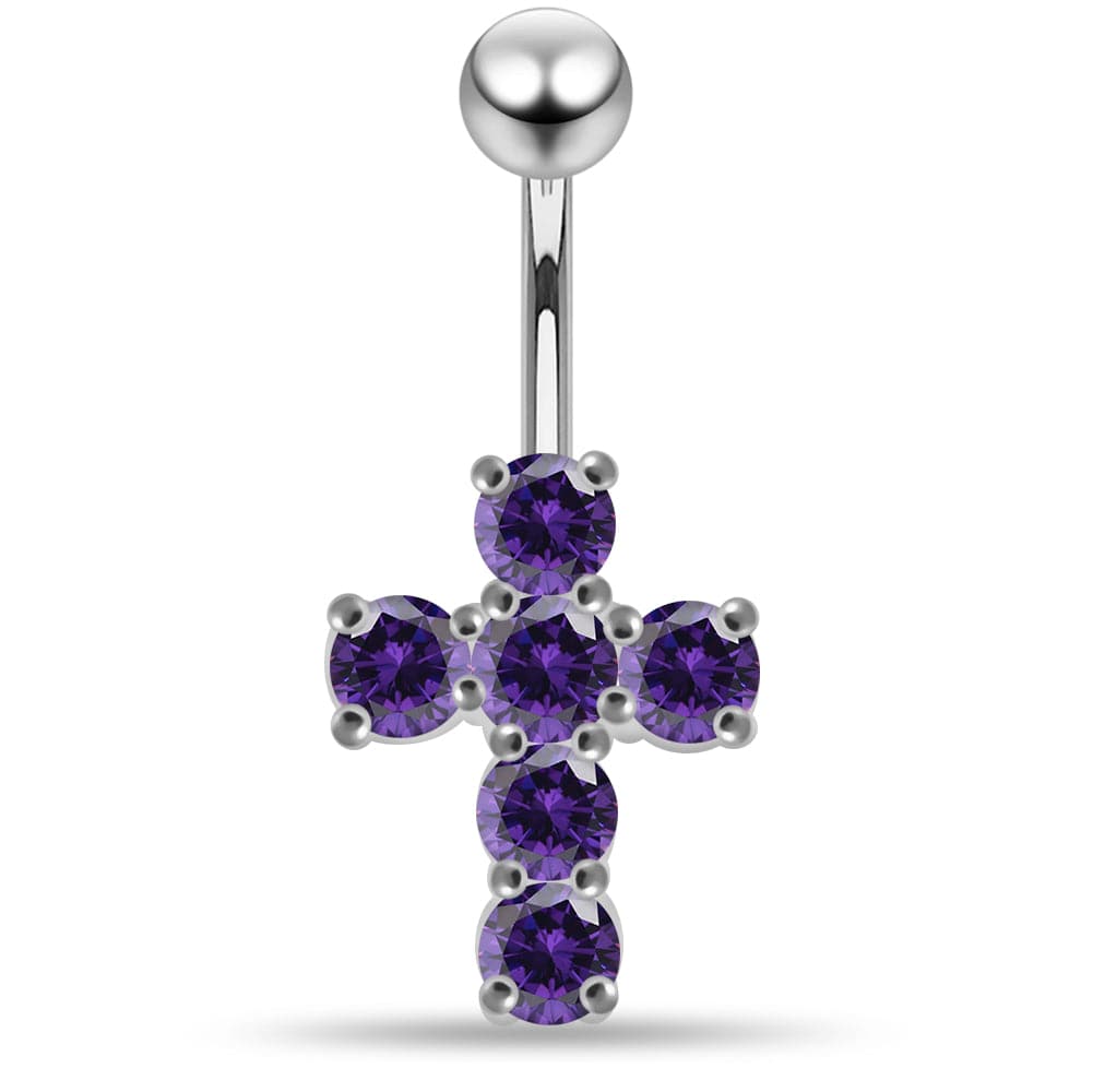 925 Sterling Silver Multi Jewelled Cross Non-Moving Belly Ring - Monster Piercing