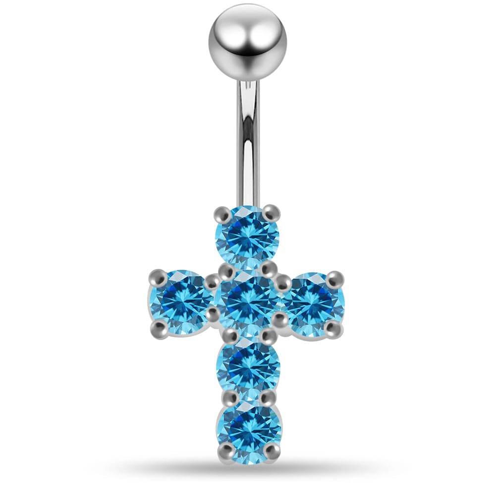 925 Sterling Silver Multi Jewelled Cross Non-Moving Belly Ring - Monster Piercing