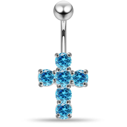925 Sterling Silver Multi Jewelled Cross Non-Moving Belly Ring - Monster Piercing