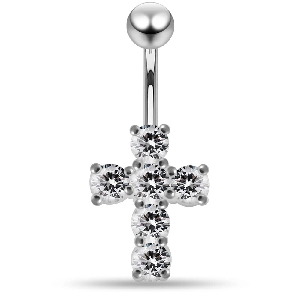 925 Sterling Silver Multi Jewelled Cross Non-Moving Belly Ring - Monster Piercing