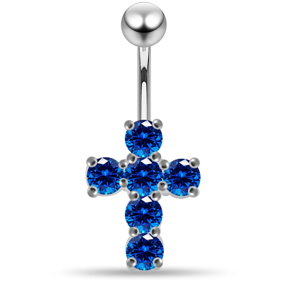 925 Sterling Silver Multi Jewelled Cross Non-Moving Belly Ring - Monster Piercing