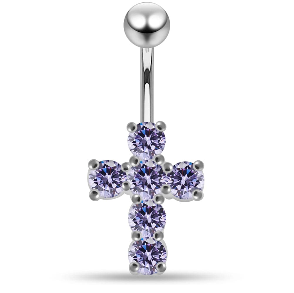 925 Sterling Silver Multi Jewelled Cross Non-Moving Belly Ring - Monster Piercing