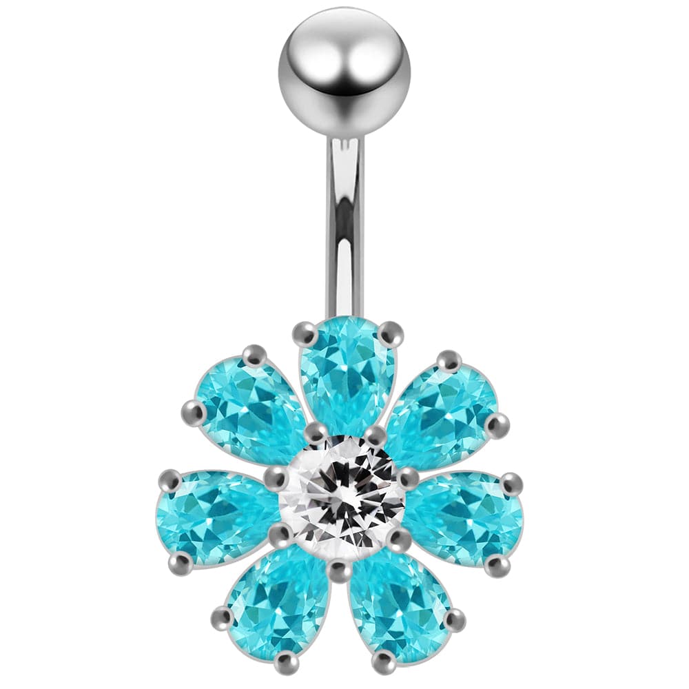 925 Sterling Silver Jewelled Flower navel belly Bar - Monster Piercing