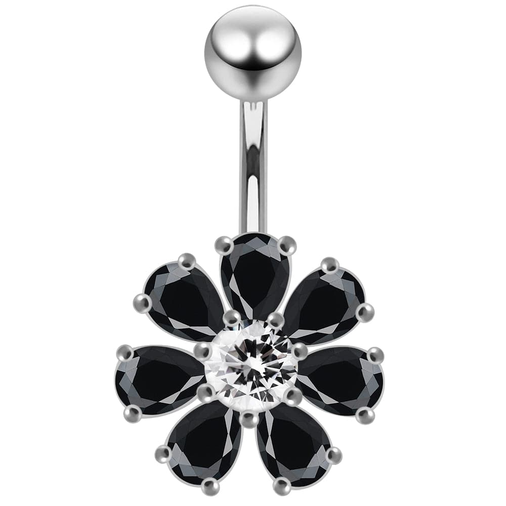 925 Sterling Silver Jewelled Flower navel belly Bar - Monster Piercing
