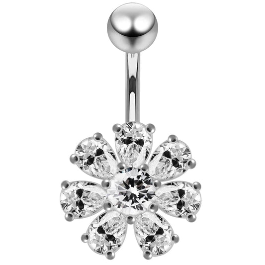 925 Sterling Silver Jewelled Flower navel belly Bar - Monster Piercing