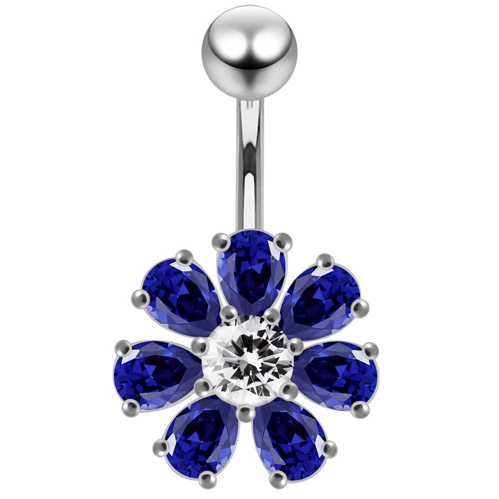 925 Sterling Silver Jewelled Flower navel belly Bar - Monster Piercing