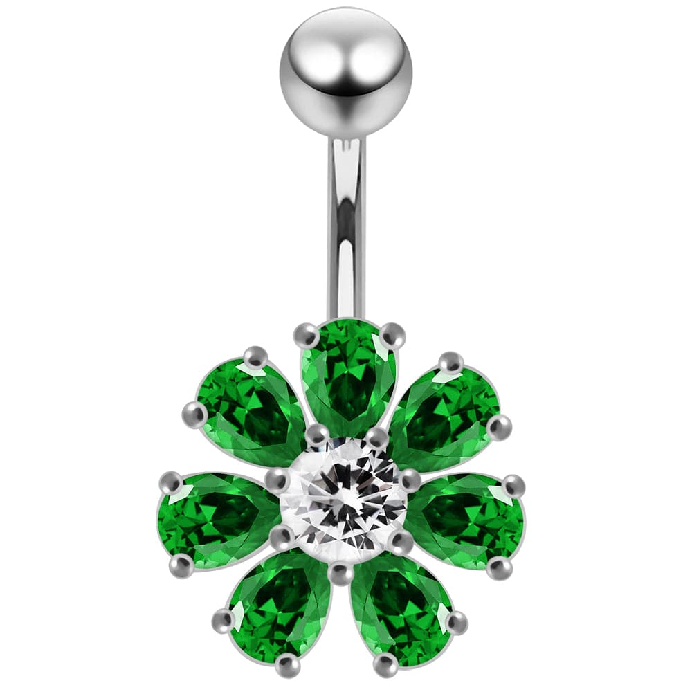 925 Sterling Silver Jewelled Flower navel belly Bar - Monster Piercing