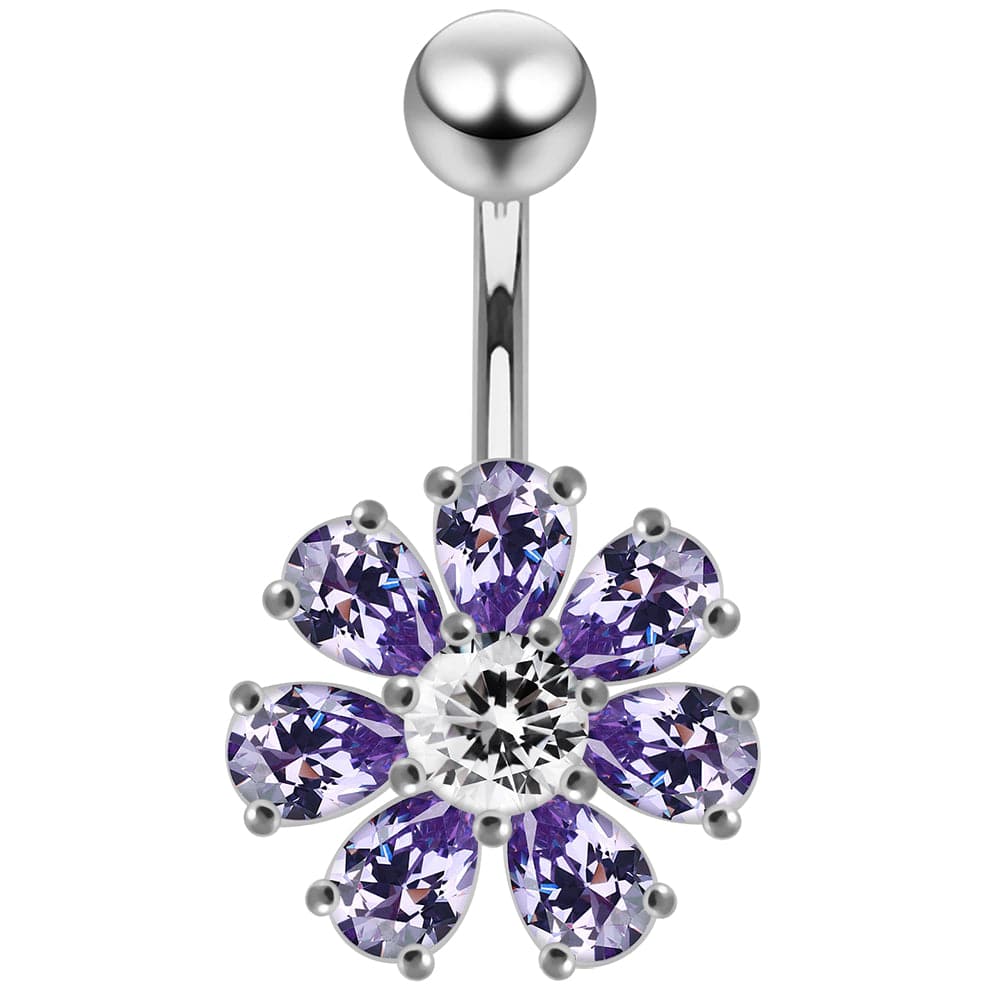 925 Sterling Silver Jewelled Flower navel belly Bar - Monster Piercing