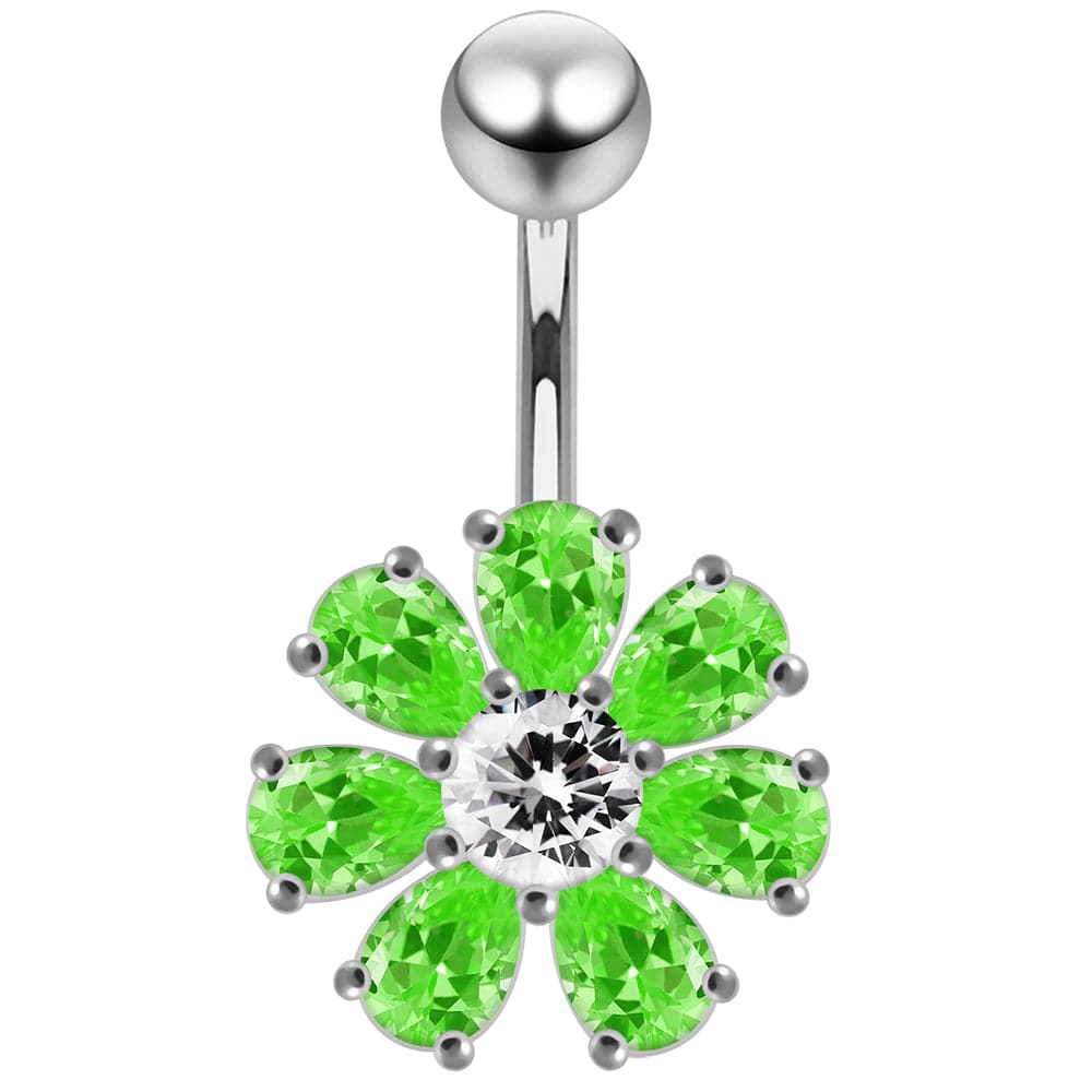 925 Sterling Silver Jewelled Flower navel belly Bar - Monster Piercing