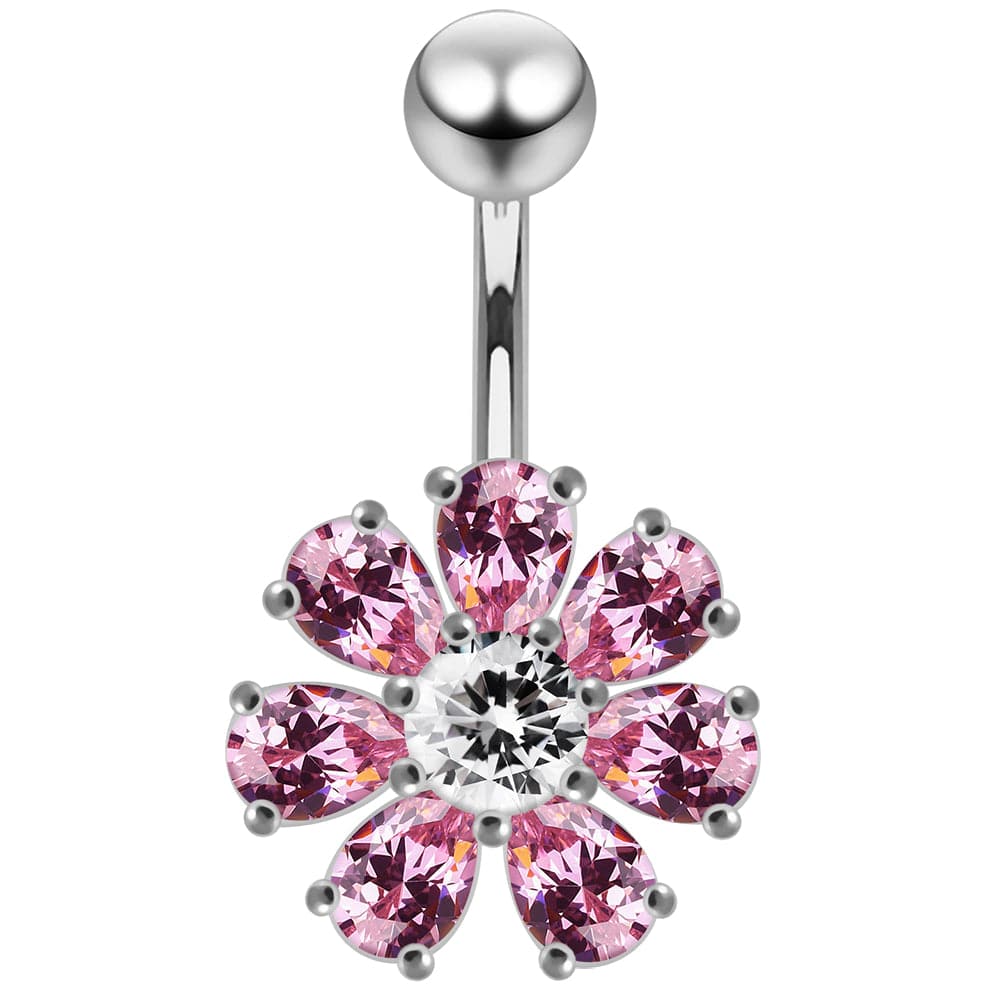 925 Sterling Silver Jewelled Flower navel belly Bar - Monster Piercing