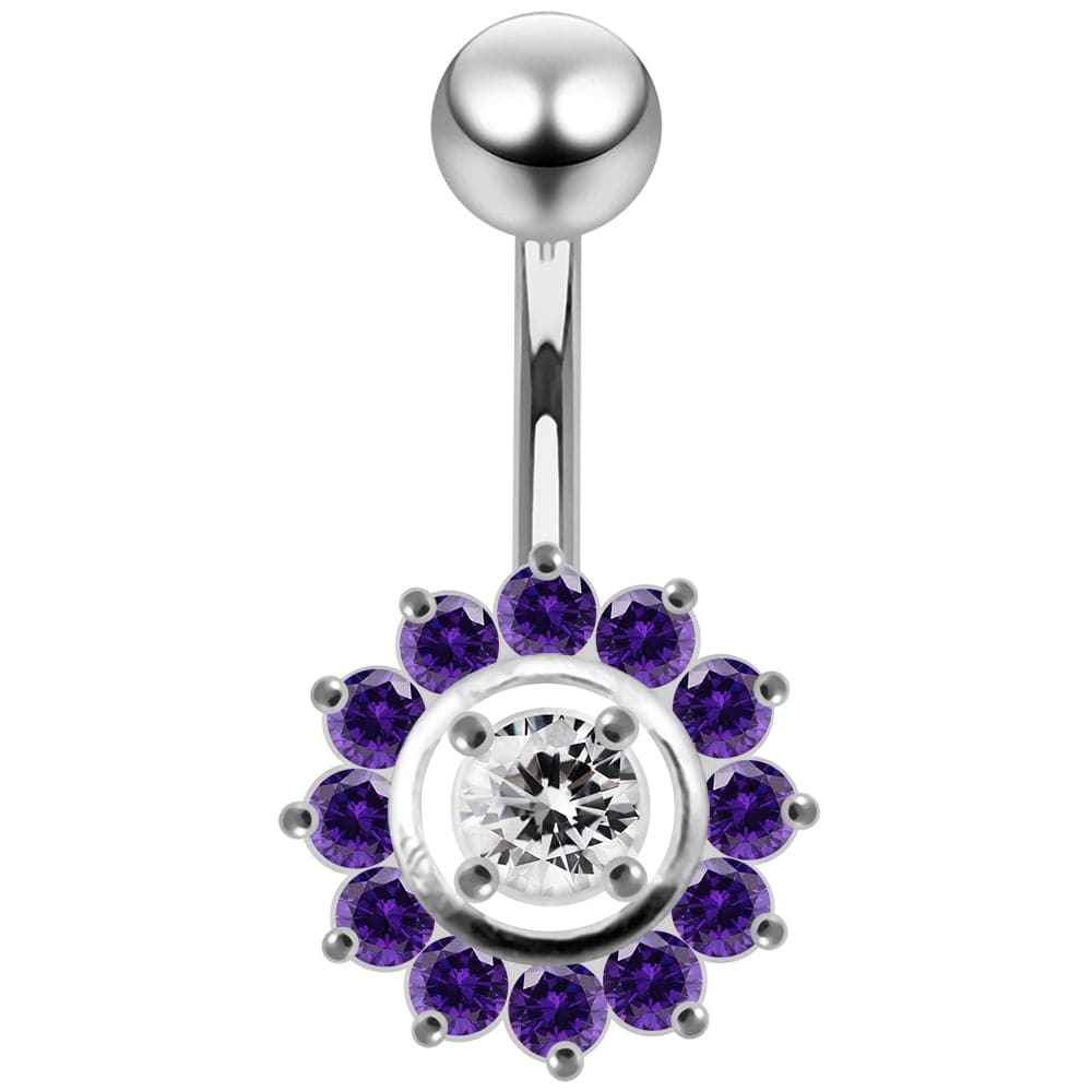 925 Sterling Silver Fancy Jewelled Sun Flower SS Curved Bar Belly Ring - Monster Piercing