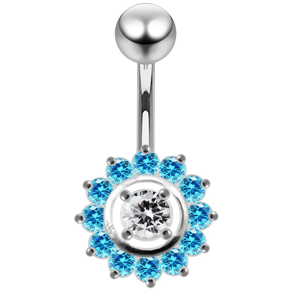 925 Sterling Silver Fancy Jewelled Sun Flower SS Curved Bar Belly Ring - Monster Piercing