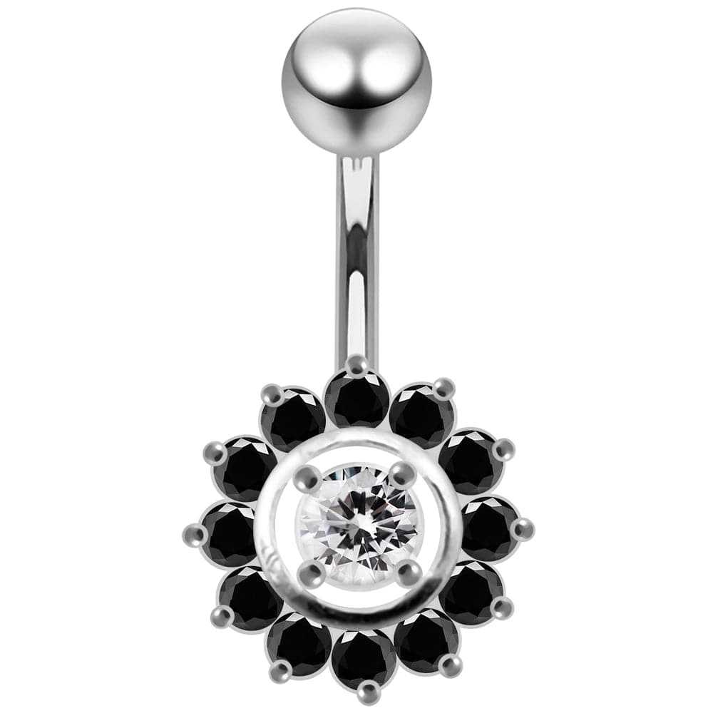 925 Sterling Silver Fancy Jewelled Sun Flower SS Curved Bar Belly Ring - Monster Piercing