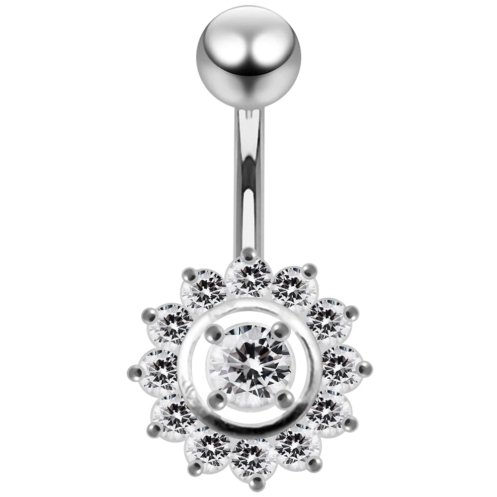 925 Sterling Silver Fancy Jewelled Sun Flower SS Curved Bar Belly Ring - Monster Piercing