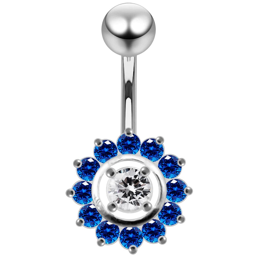 925 Sterling Silver Fancy Jewelled Sun Flower SS Curved Bar Belly Ring - Monster Piercing
