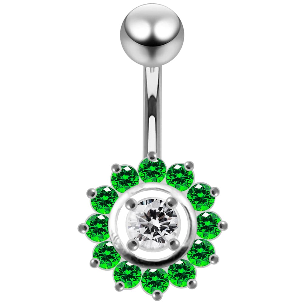 925 Sterling Silver Fancy Jewelled Sun Flower SS Curved Bar Belly Ring - Monster Piercing