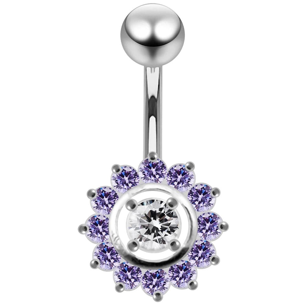 925 Sterling Silver Fancy Jewelled Sun Flower SS Curved Bar Belly Ring - Monster Piercing