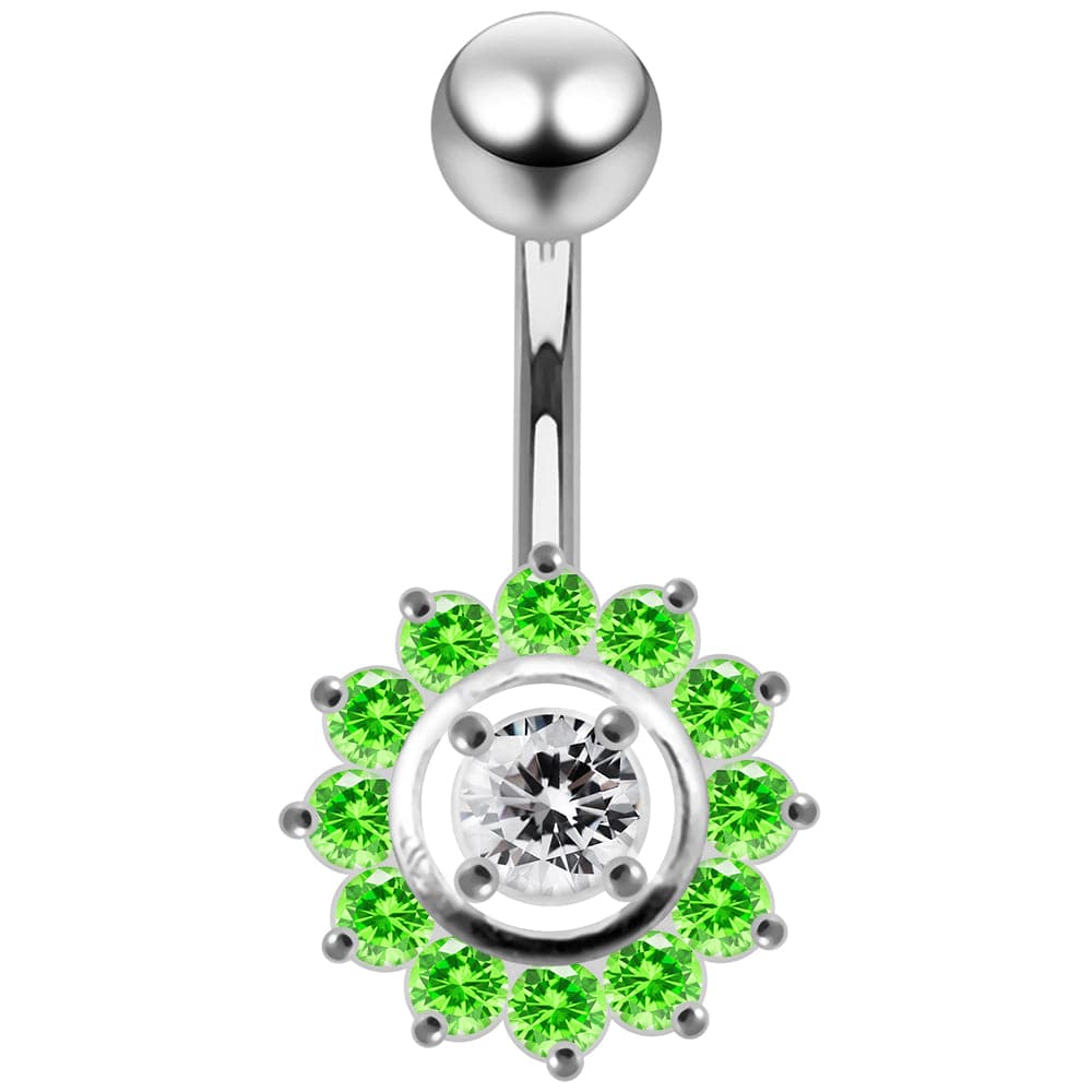 925 Sterling Silver Fancy Jewelled Sun Flower SS Curved Bar Belly Ring - Monster Piercing