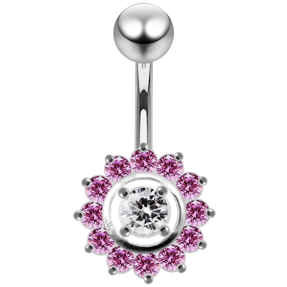 925 Sterling Silver Fancy Jewelled Sun Flower SS Curved Bar Belly Ring - Monster Piercing