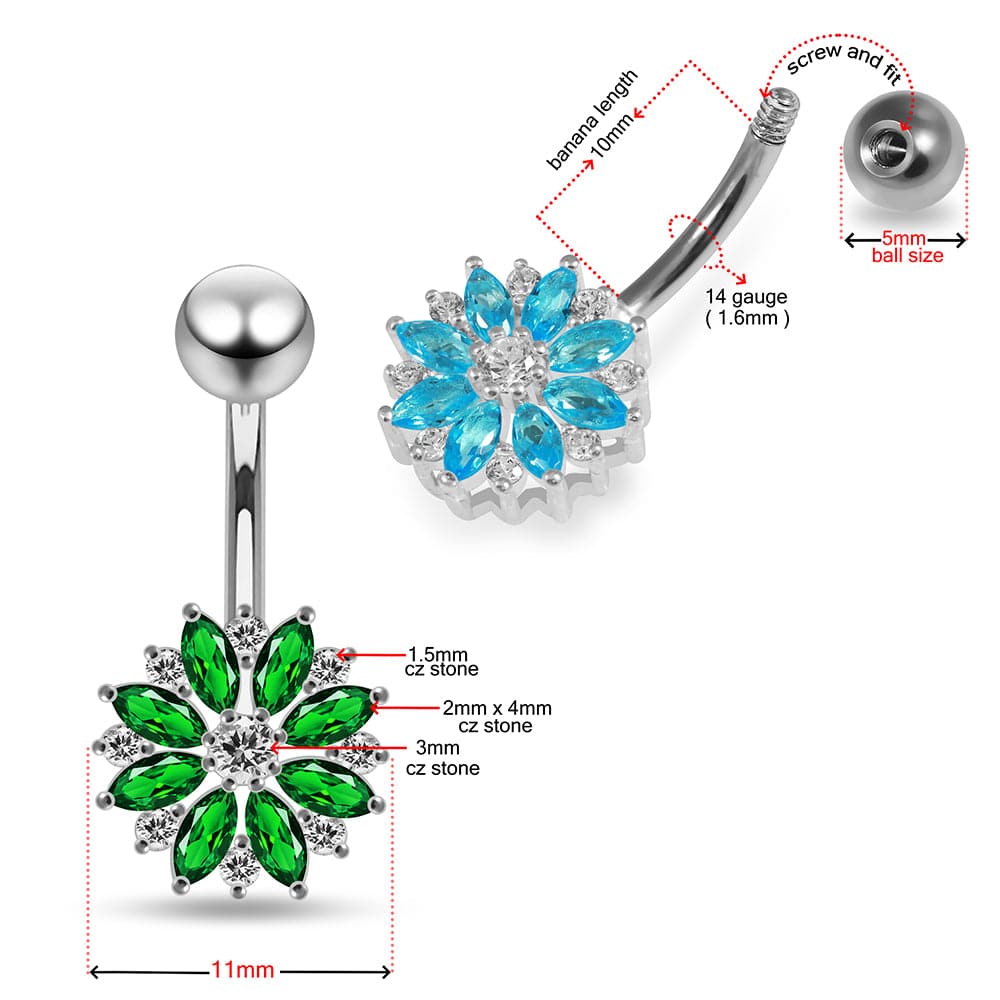 925 Sterling Silver Multi CZ Jewelled Lesser Calendine Flower Design Belly Ring Clear Clear Lavender Aqua Dark Blue Pink Purple Emerald Black Peridot